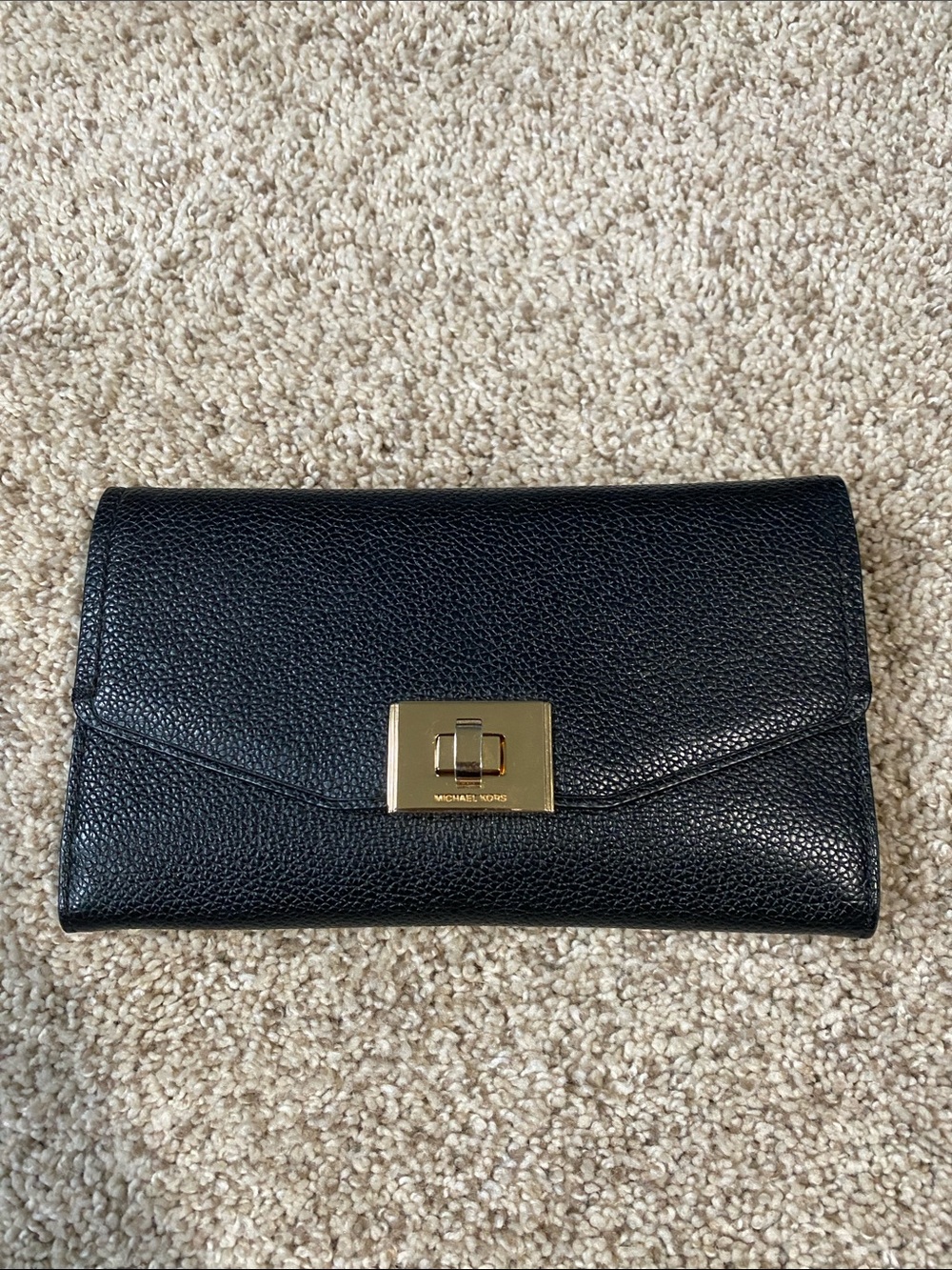 Michael Kors Black Pebbled Leather Clutch with Gold-Tone Turn Lock